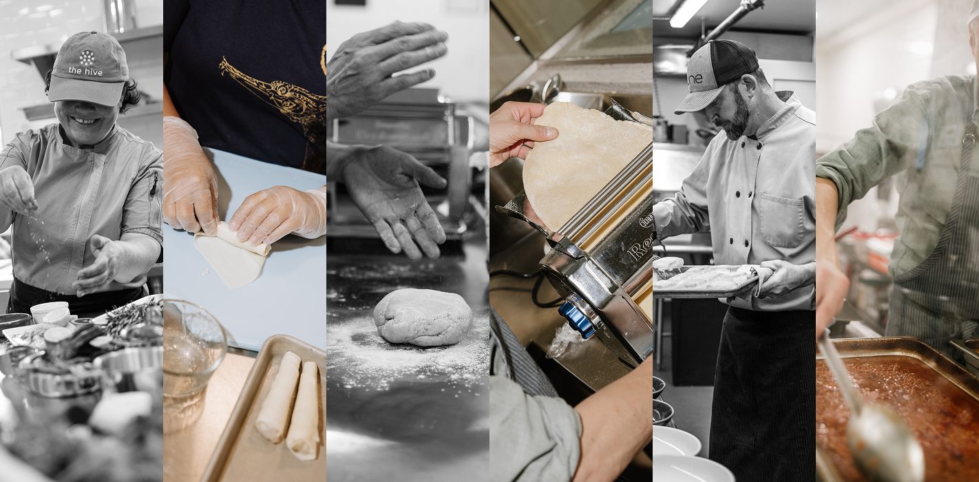 Hive Makers at work: seasoning, folding dumplings, rolling dough and cooking